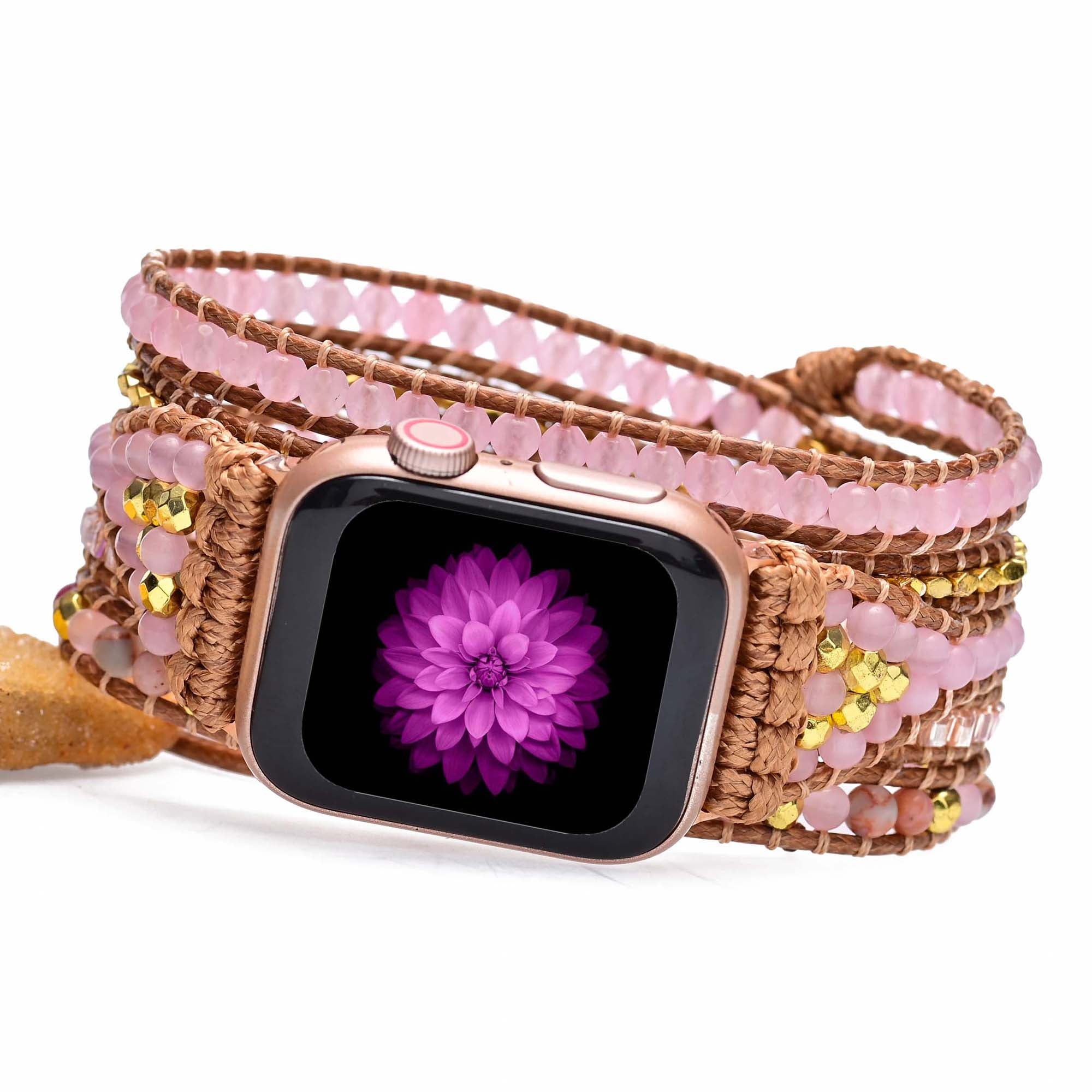 TEEPOLLO Pink Rose Quartz Leather Apple Watch Band Boho Stone Beaded Strap