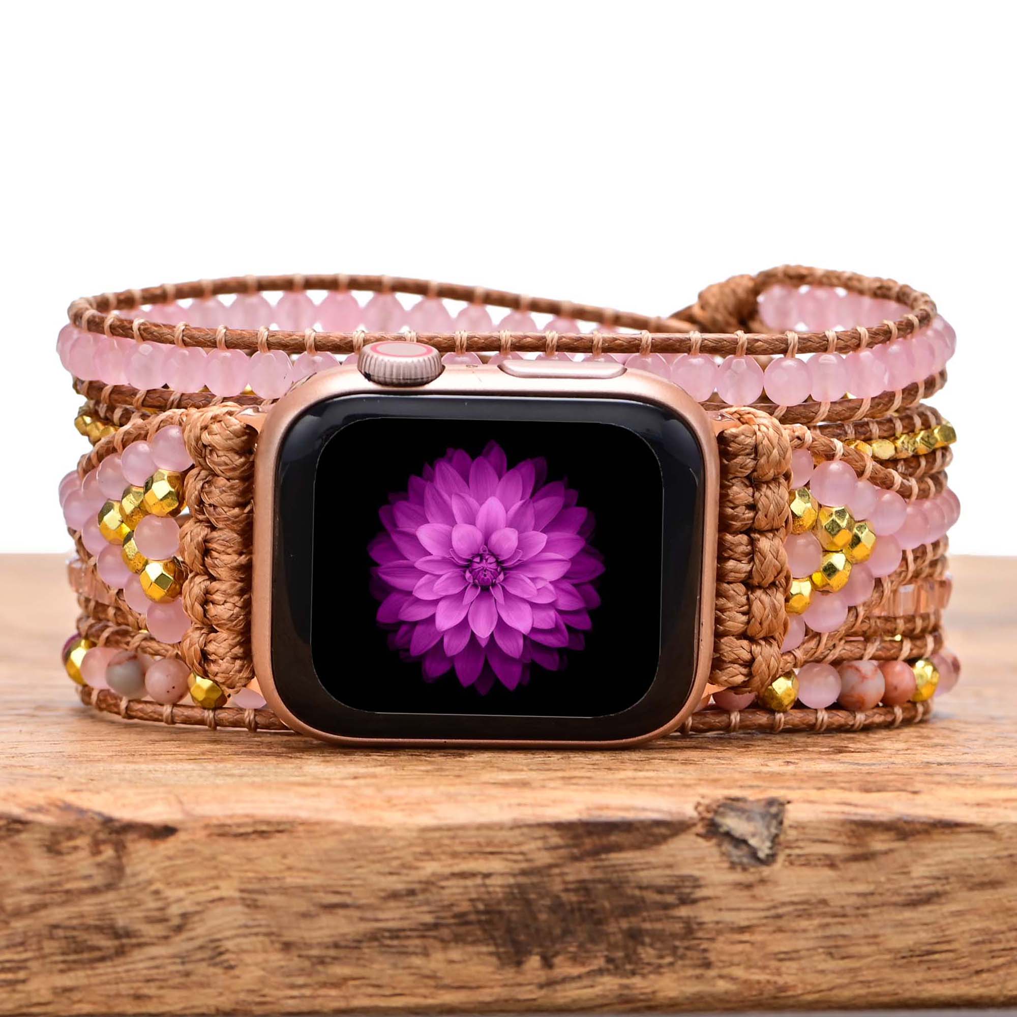TEEPOLLO Pink Rose Quartz Leather Apple Watch Band Boho Stone Beaded Strap