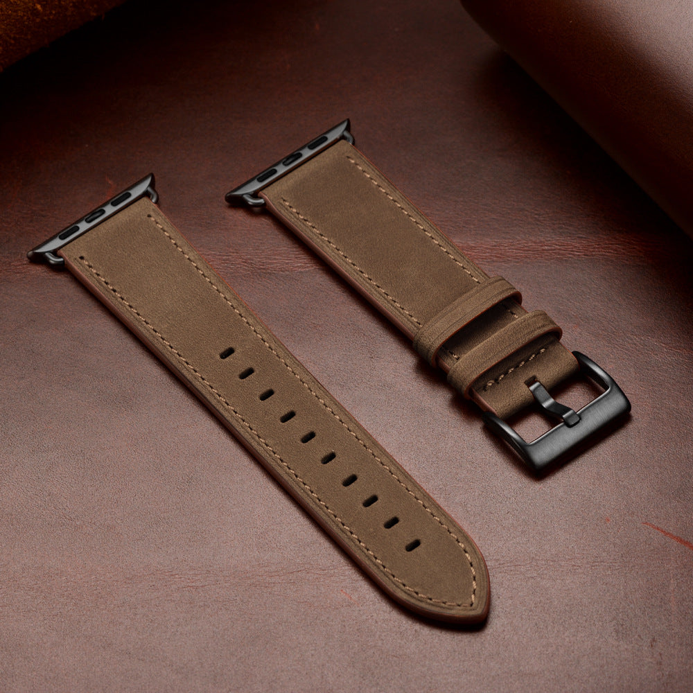 TEEPOLLO Italian Black Leather Apple Watch Band
