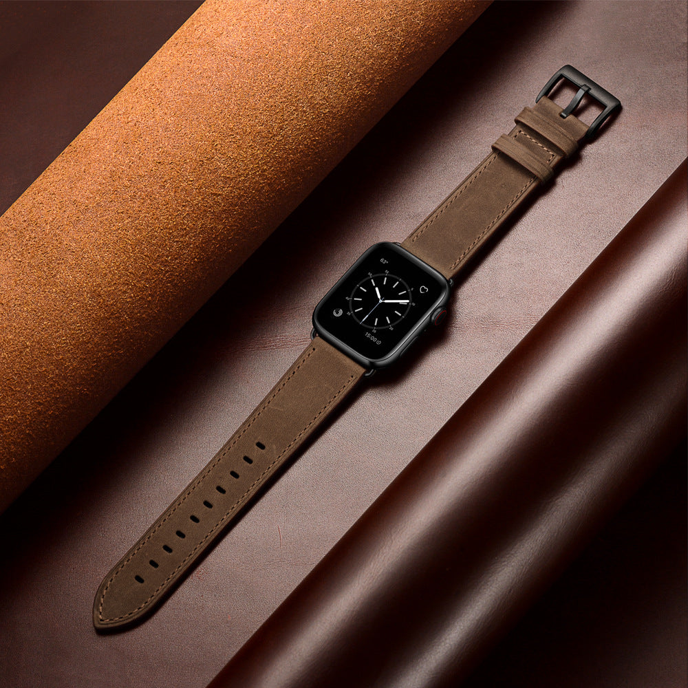 TEEPOLLO Italian Black Leather Apple Watch Band