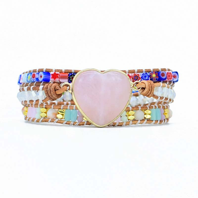 TEEPOLLO Customzied Rose Quartz Bohemian Love Heart Wrap Bracelet