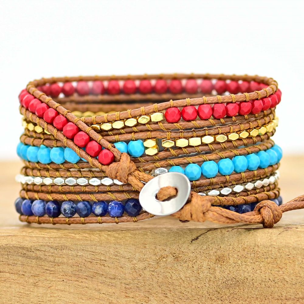 TEEPOLLO Red Beaded Boho Leather Apple Watch Strap Band for Women