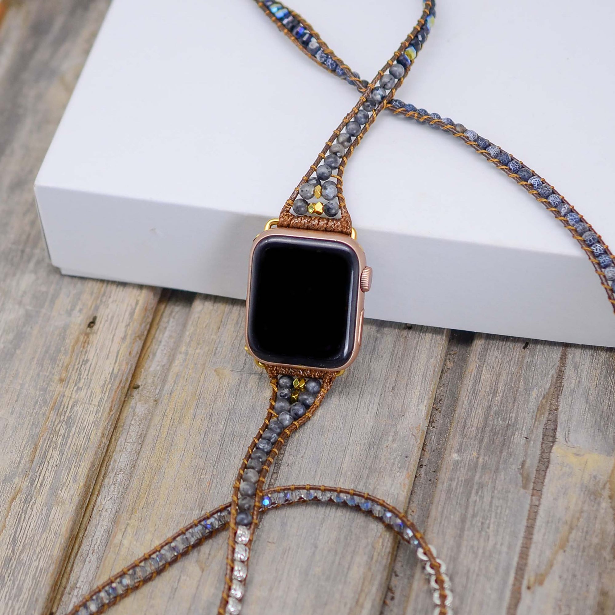 TEEPOLLO Personalized Onyx & Quartz Bohemian Handmade Apple Watch Band Strap