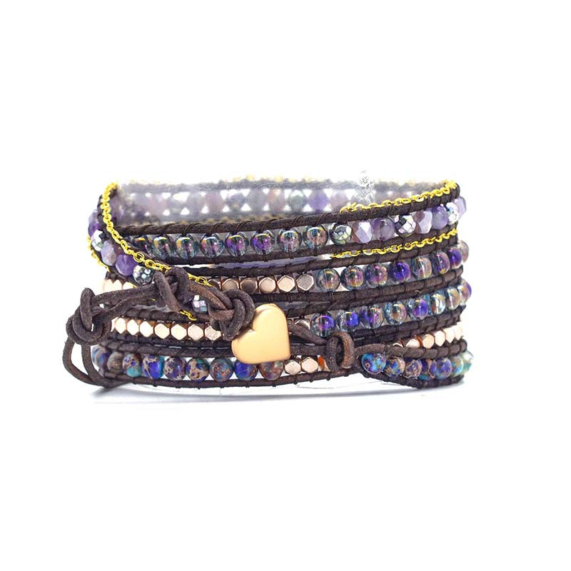 TEEPOLLO Purple Love Japser Boho Wrap Bracelet for Women