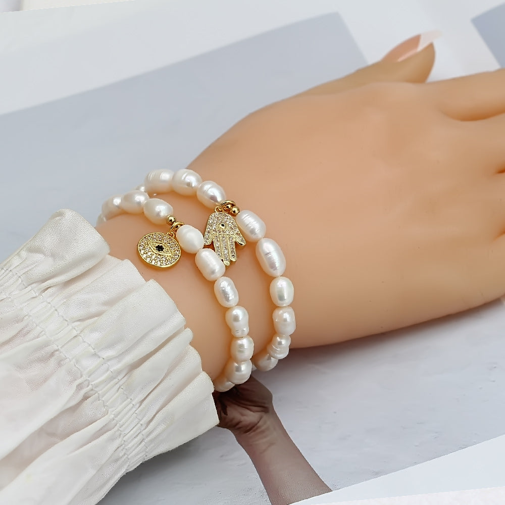 TEEPOLLO 2-Piece Set Freshwater Pearl Adjustable Turkish Evil Eye Bracelets