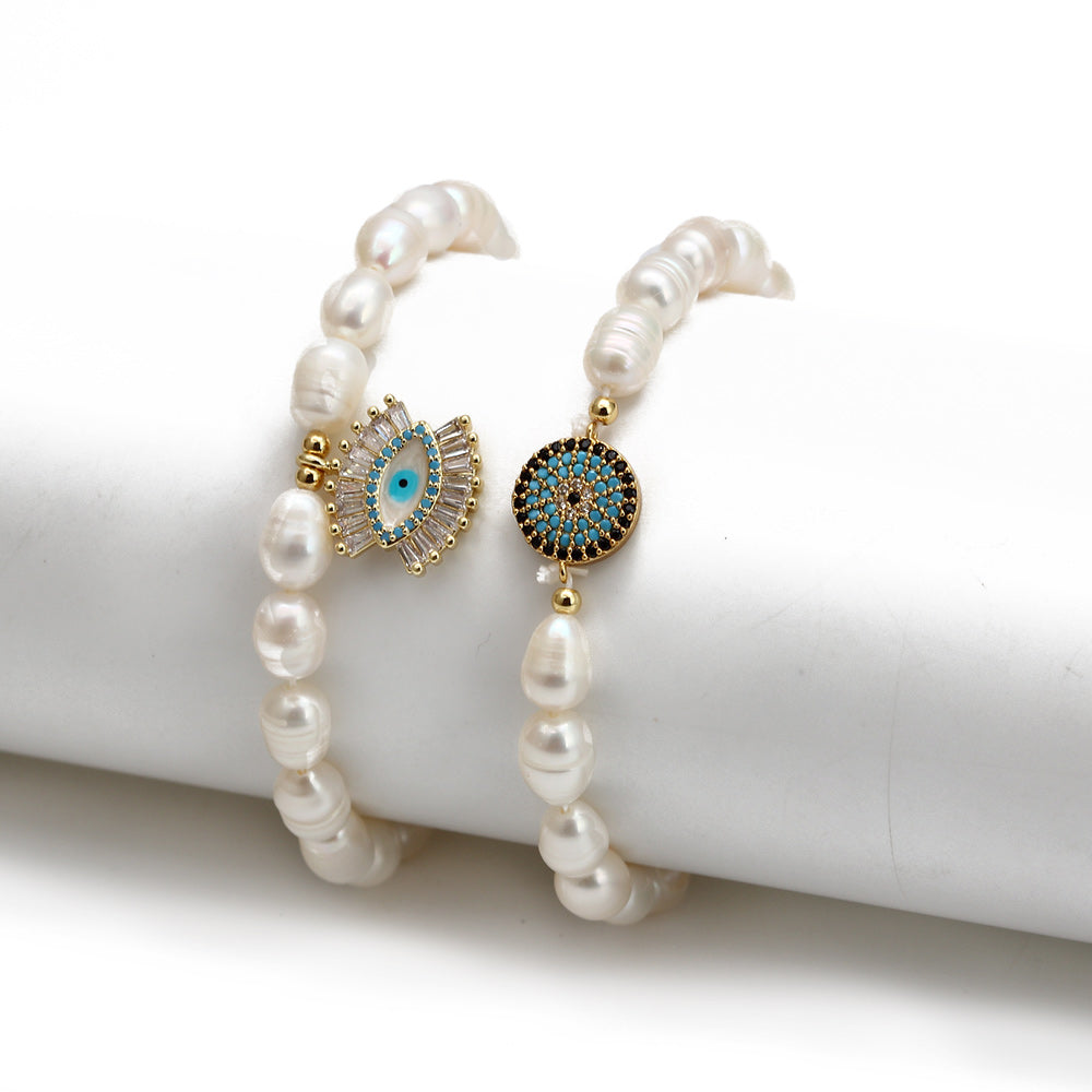 TEEPOLLO 2-Piece Set Freshwater Pearl Adjustable Turkish Evil Eye Bracelets