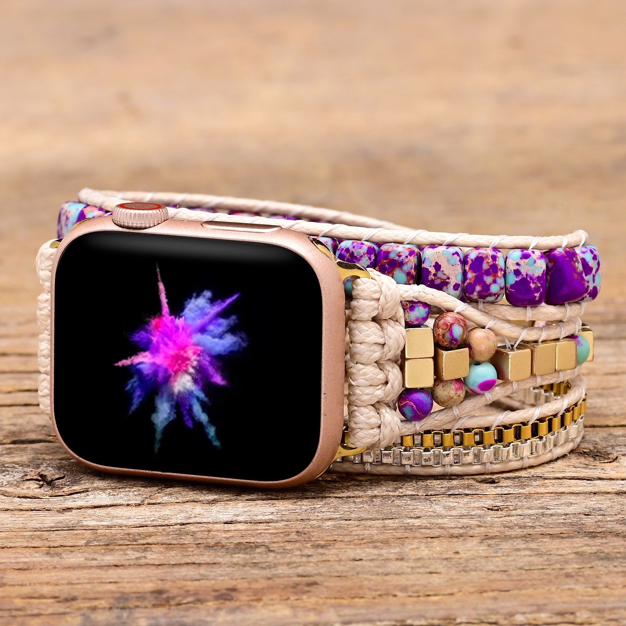 TEEPOLLO Customized Pendent Purple Jasper Stone Apple Iwatch Bracelet Band