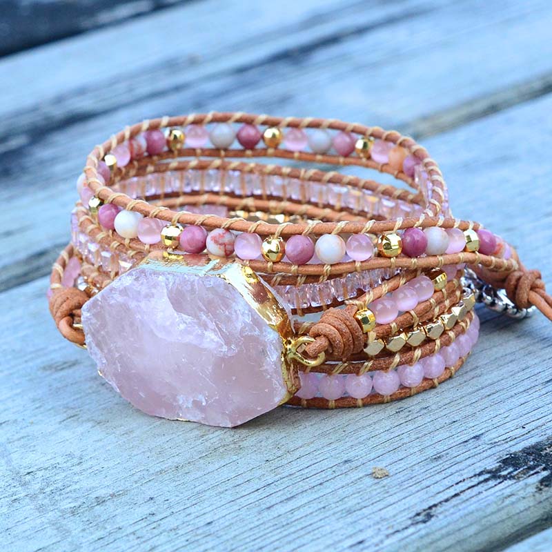 TEEPOLLO Bohemian Pink Quartz Wrap Bracelet