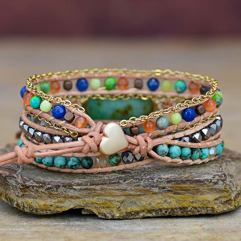 TEEPOLLO Handmade Jade Bead Love Boho Wap Bracelet for Women